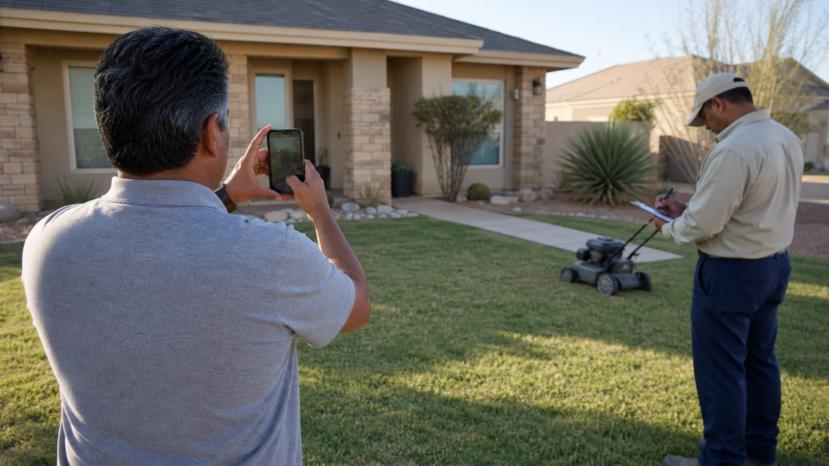 Homeowner photographing a lawn while a lawn-care professional takes notes