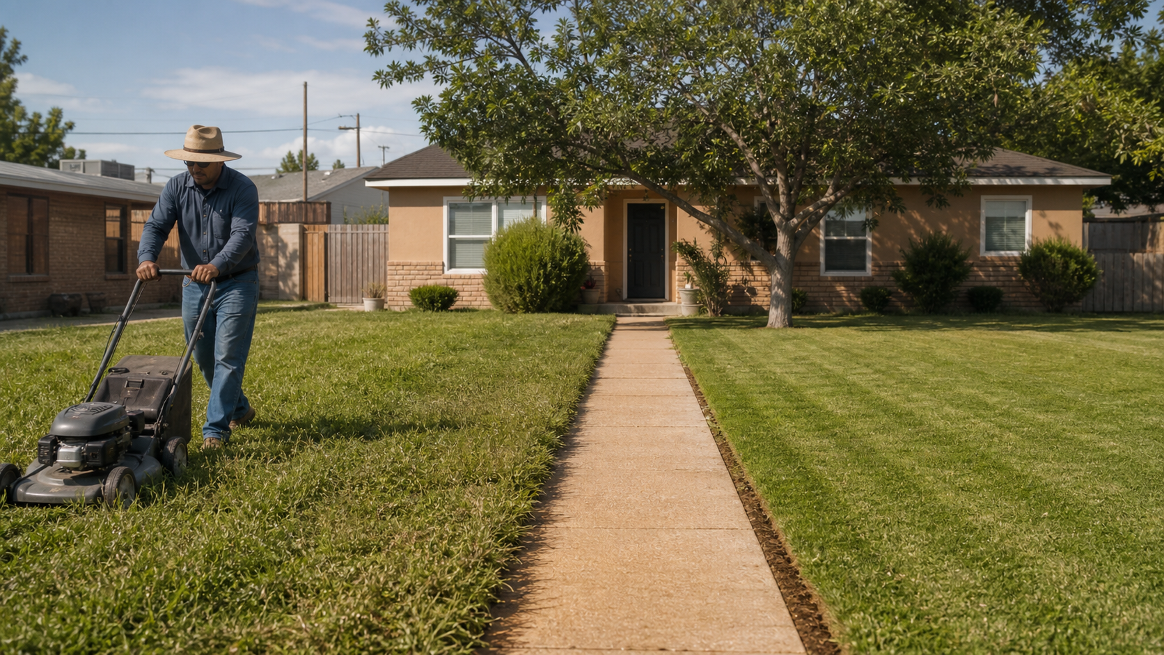 A lawn divided by a walkway with one side being mowed and the other neatly maintained