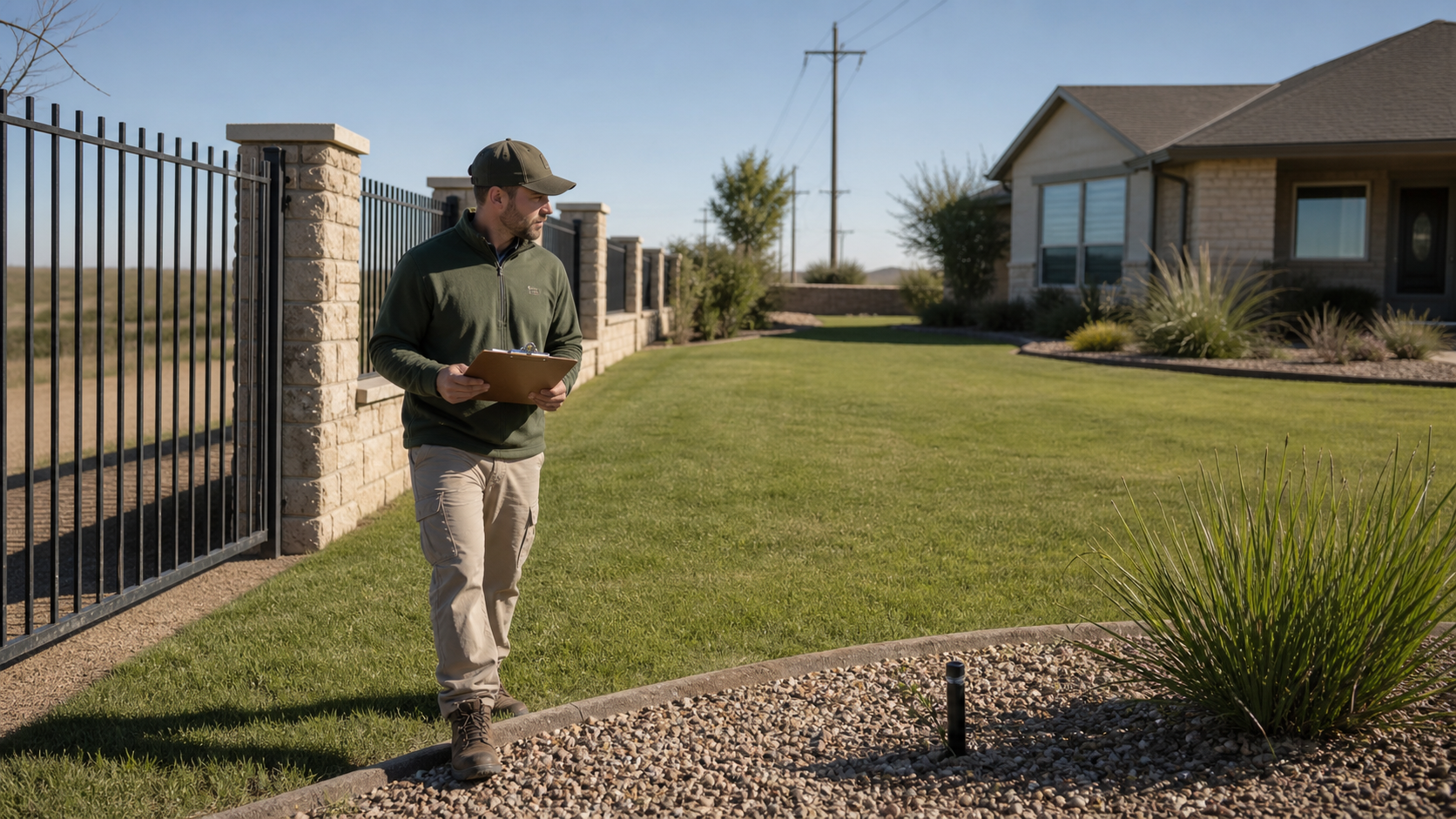 Lawn-care professional inspecting gate access, lawn edges, and irrigation at a West Texas home